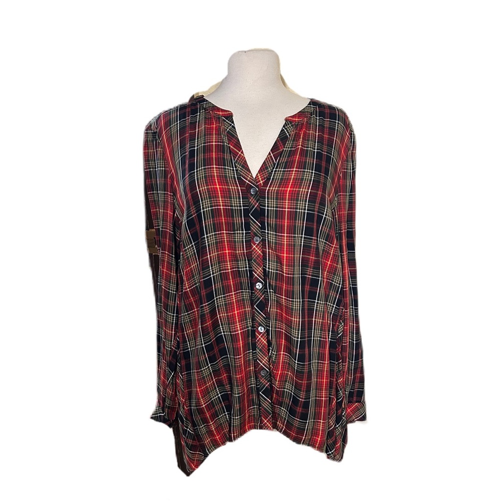 J. Jill Popover Plaid Top Blouse Shirt Women Size L Red Black Office Work